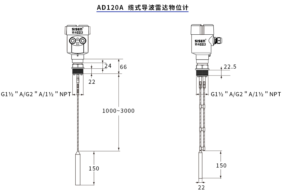 AD120A纜式導波雷達物位計產(chǎn)品尺寸