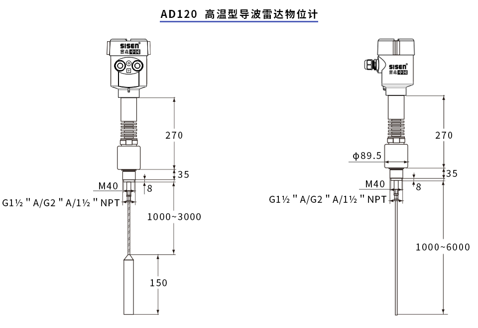 AD120高溫型導波雷達物位計產(chǎn)品尺寸